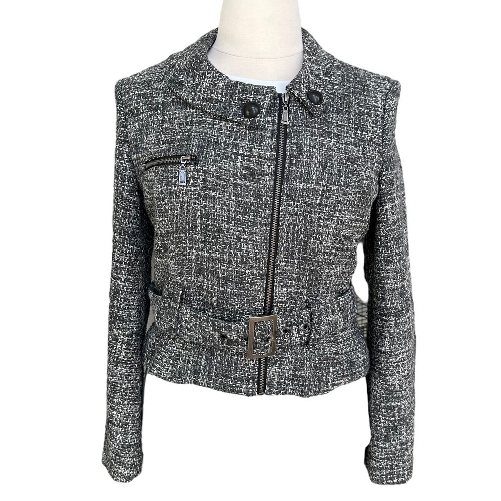 mac & jac Womens Grey Front Zip with Belt Wool Blend Tweed Jacket Size XL